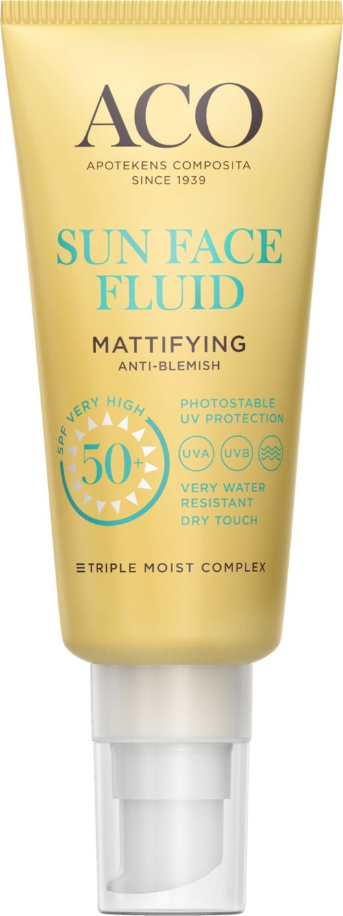 Keltainen rullasuihke kasvojen aurinkosuojaksi, SPF 50, mattapintainen ja epäpuhtauksia vähentävä.