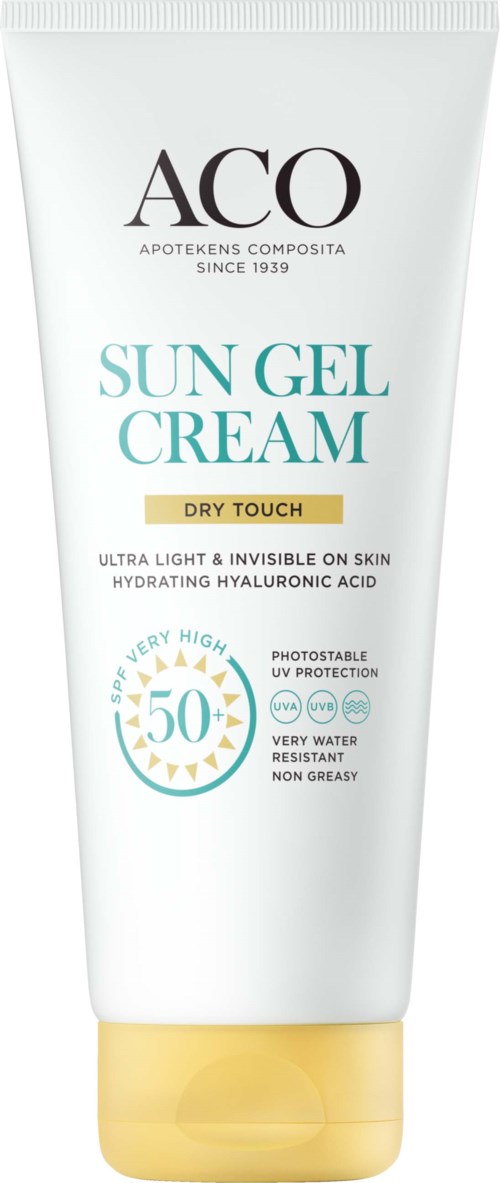 En vit tub med solgelskräm med gul kork, märkt för torr känsla, högt SPF-skydd och fuktgivande.