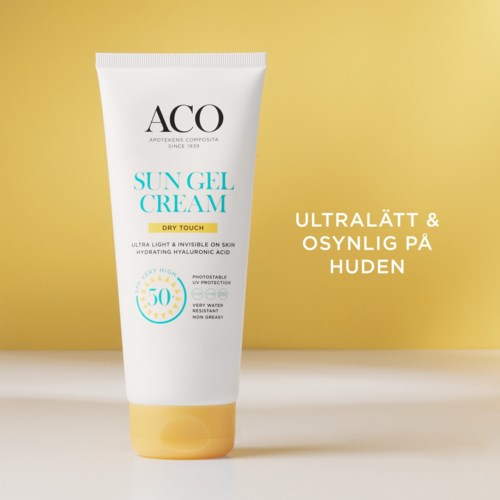 Solgelkräm för torr, känslig hud, med SPF 50, återfuktande, vattentålig, icke-blank.