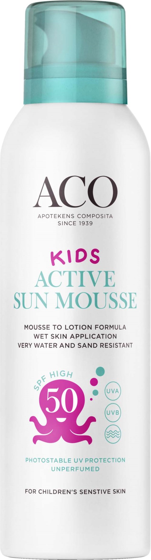 Valkoinen suihkepullo, jossa on sininen kansi, lapsille tarkoitettu auringonsuojavoidetta, SPF 50, vesitiivis, hajusteeton.