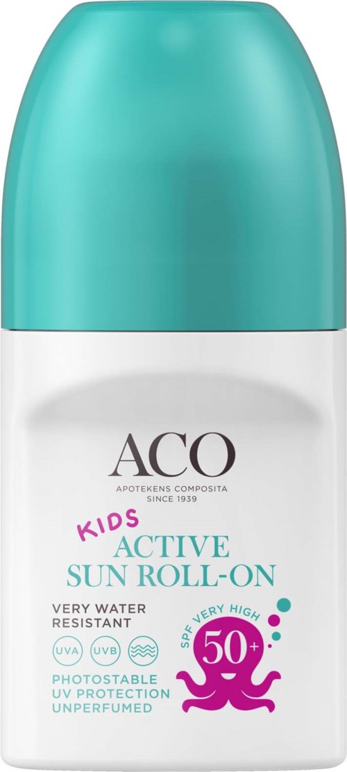 Valkoinen roll-on pullo, jossa teal-väriinen korkki. Tekstissä lukee 'ACO Kids Active Sun Roll-On' SPF 50+. Sopii lapsille.