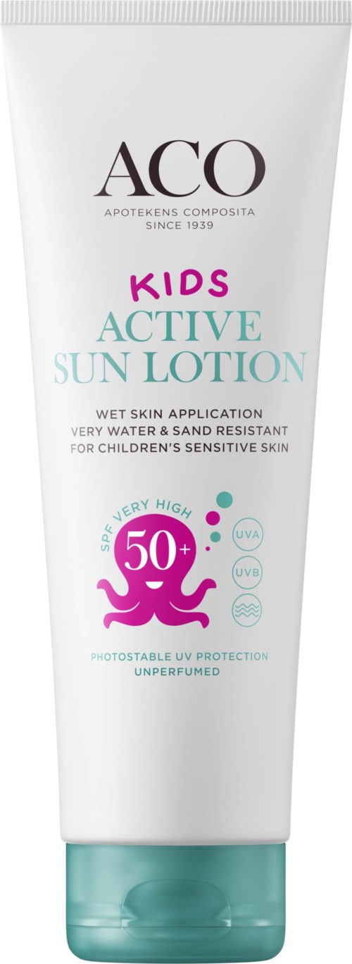 Valkoinen putki lasten aurinkovoiteelle, jossa pinkki ja vihreä merkki, SPF 50+ suojauksella herkälle iholle.