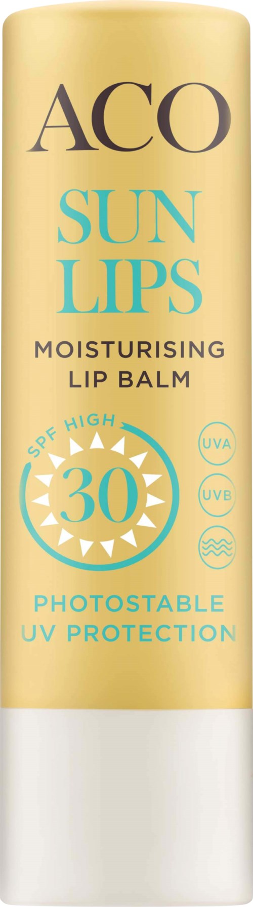 Beige huulirasupullo, jossa on sinistä ja mustaa tekstiä, SPF 30 ja UV-suoja.