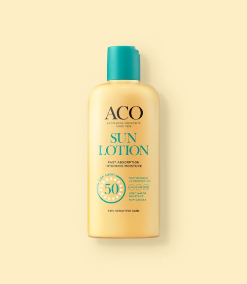 Aurinkovoidepullo, SPF 50, sininen korkki, vaaleankeltaisella taustalla.
