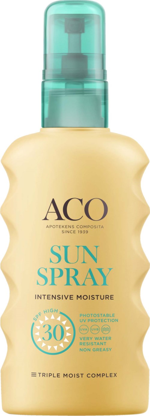 Spray do opalania z SPF 30, w beżowej butelce, zapewniający intensywne nawilżenie i ochronę plażową.