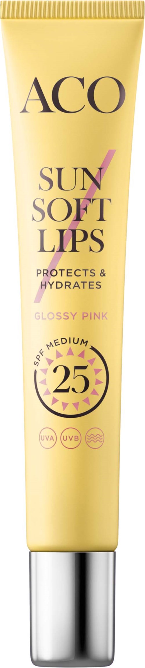 Een gele tube lipverzorging met 'ACO SunSoft Lips', SPF 25, voor hydratatie en bescherming van lippen.