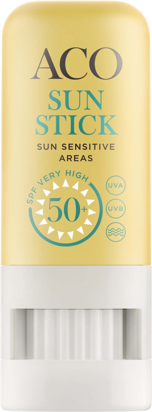 Ein gelbes Sonnenschutzstift mit weißem Boden, beschriftet mit SPF 50 für empfindliche Haut und hohen Sonnenschutz.