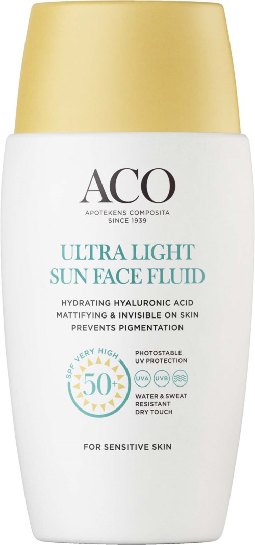 Eine weiße Flasche mit gelber Kappe, beschriftet 'ACO Ultra Light Sun Face Fluid' mit SPF 50, für empfindliche Haut.