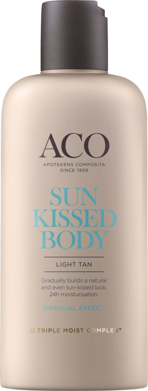 A beige bottle with a black cap, labeled 'ACO Sun Kissed Body' for light tanning and moisturizing.