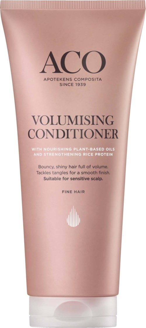 En rosa tub med ACO Volumising Conditioner och beskrivning av fördelar för hårvård.