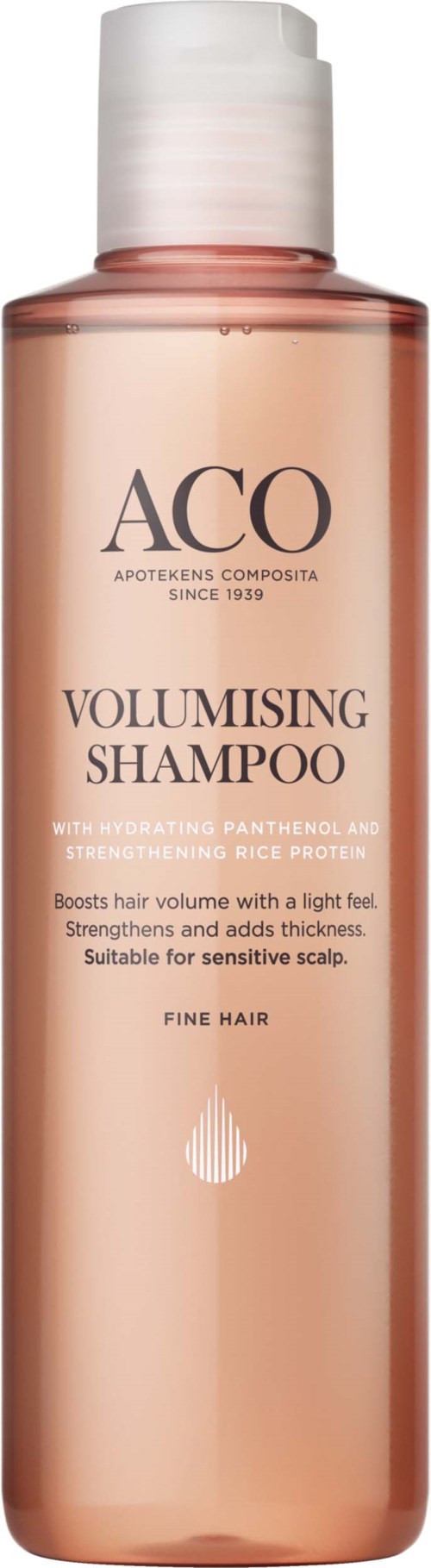 En lång, rosa flaska med vit topp, märkt 'ACO Volumising Shampoo' för tunt hår.