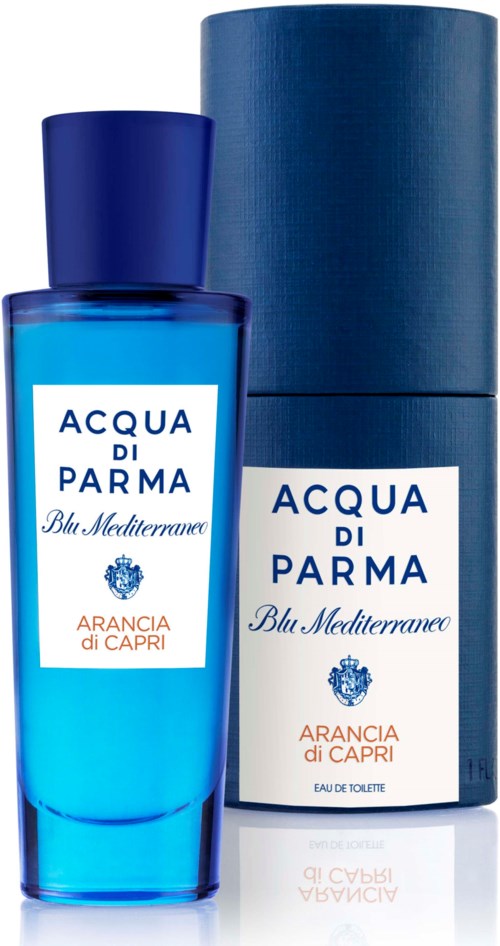 Blå doftflaska med matchande cylindrisk box, märkt 'Acqua di Parma Blu Mediterraneo Arancia di Capri.'