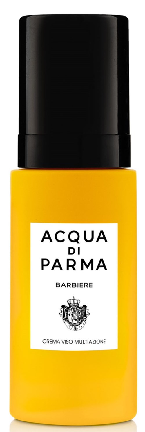 En gul flaska med svart lock och en etikett som säger 'Acqua di Parma.'
