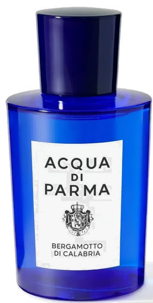 Blauw parfumflesje met zwarte dop, labelt Acqua di Parma Bergamotto di Calabria.