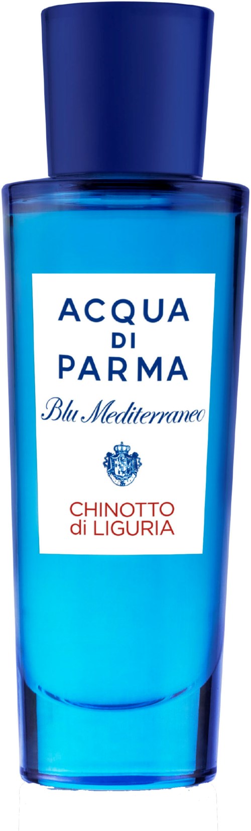 Blå flaske med hvid label, sort låg, tekst nævner Acqua di Parma, Blu Mediterraneo og Chinotto di Liguria.