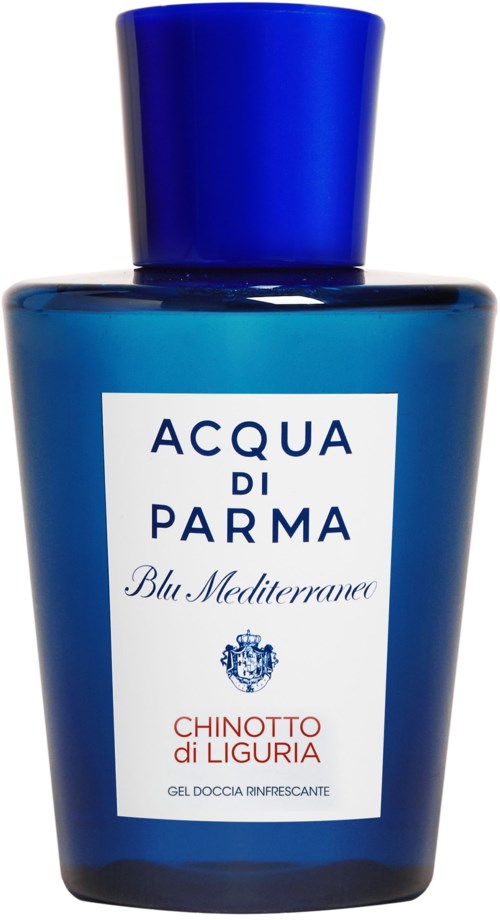 En blå flaske mærket 'Acqua di Parma Blu Mediterraneo' med en blå låg, indeholdende en duft eller shower gel.