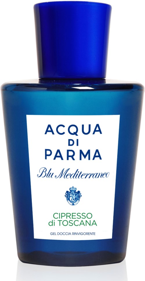 En blå schampoflaska med en blå skruvkapsyl, märkt 'Acqua di Parma Blu Mediterraneo Cipresso di Toscana.'