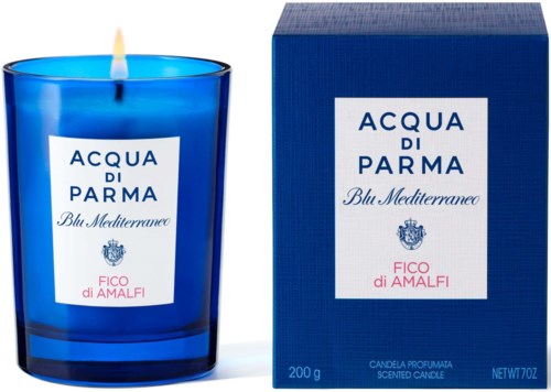 A blue scented candle in a glass holder with a box beside it, labeled 'Acqua di Parma' and 'Blu Mediterraneo'.