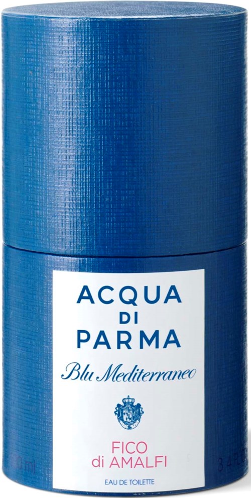 En cylindrisk blå parfymflaska med etikett: Acqua di Parma Blu Mediterraneo, Fico di Amalfi.