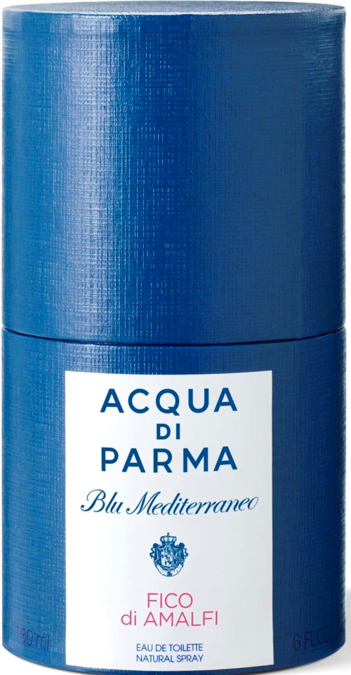 En blå cylinderformad parfyllflaska med vit etikett, med orden 'Acqua di Parma', 'Blu Mediterraneo' och annan text.