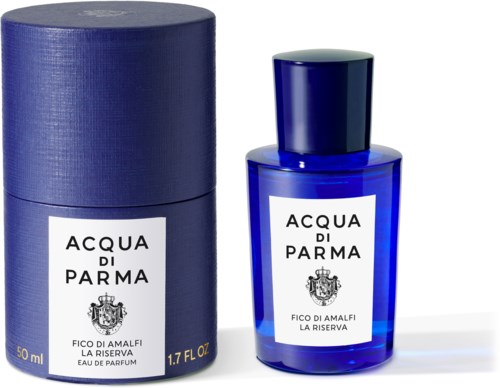 Sininen hajuvesilasi ja samanvärinen pyöreä laatikko, valkoisella etiketillä ja tekstillä, Acqua di Parma.
