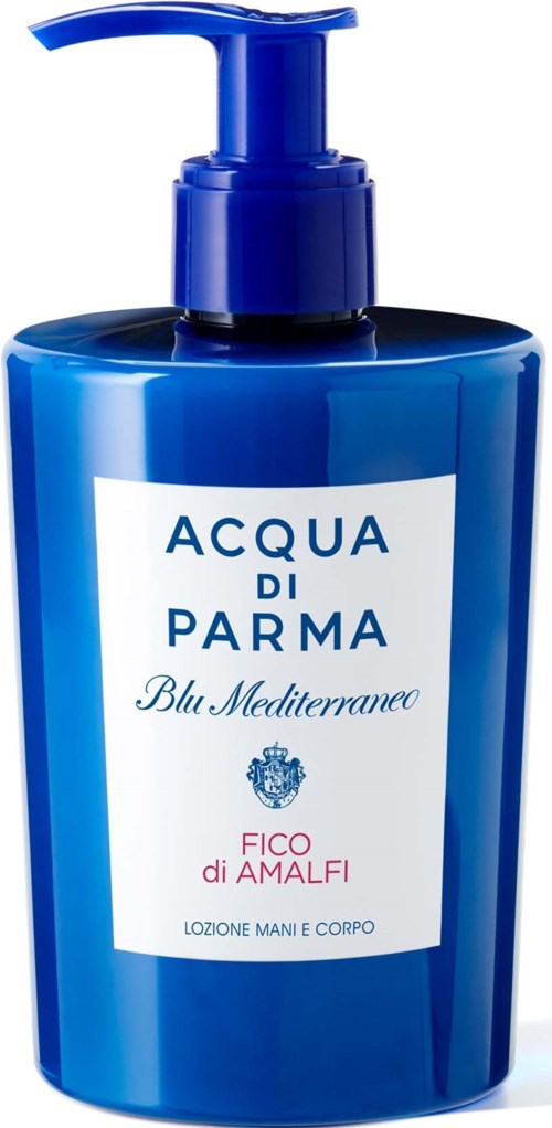 Blue bottle with pump, labeled 'Acqua di Parma Blu Mediterraneo Fico di Amalfi', for hands and body.