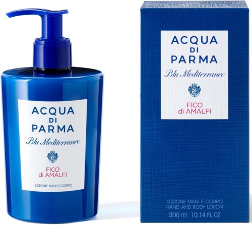 A blue hand and body lotion bottle with a pump, next to its box with white and pink text.