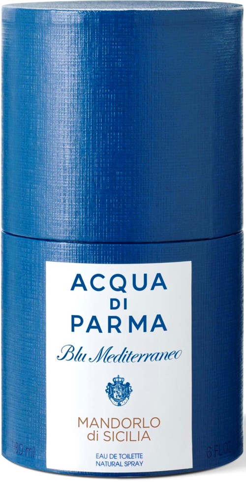 Een blauwe cilindervormige fles met een wit label, met de tekst 'Acqua di Parma' en 'Mandorlo di Sicilia.'