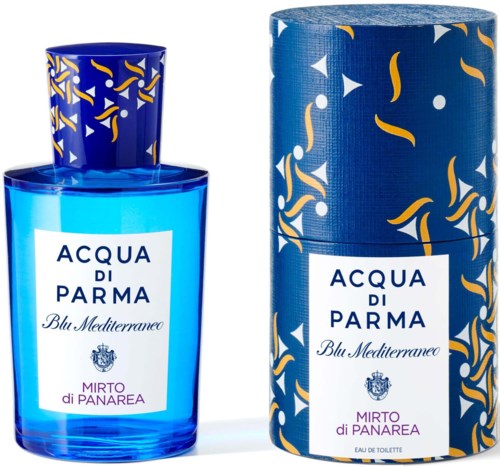 En parfyllada och dess förpackning från Acqua di Parma, Blu Mediterraneo, Mirto di Panarea, med blå och gula dekorationer.