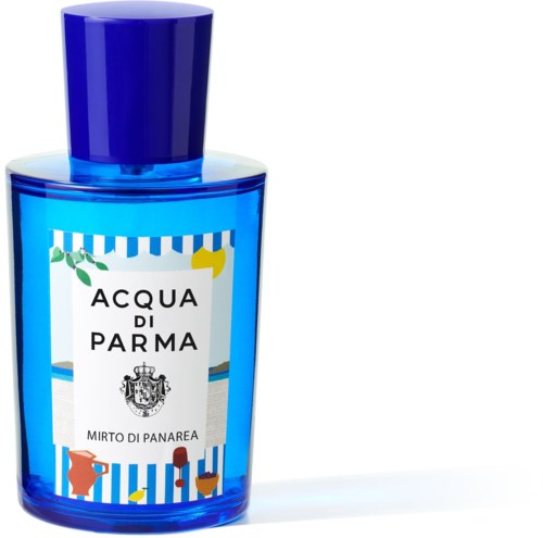 Sininen pullo, jonka etiketissä lukee Acqua di Parma ja siinä on värikkäitä kuvia eläimistä ja sateenvarjoista.