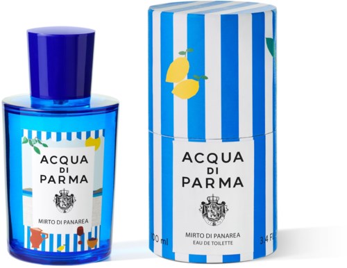 Sininen pullo Acqua di Parma -tuoksua ja siihen sopiva samanlainen laatikko, jossa sitrushedelmiä ja lehtiä.