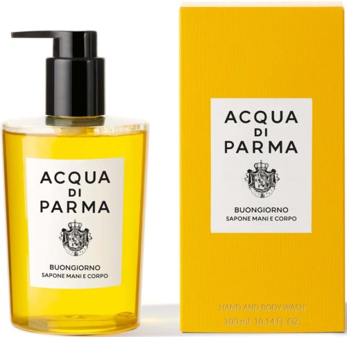 Gul trögflaska med svart pump och vit etikett, bredvid en gul box. Texten lyder 'Acqua di Parma Buongiorno'.