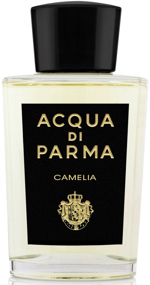 Läpinäkyvä tuoksupullo mustalla hatulla, etiketti 'Acqua di Parma Camelia.'