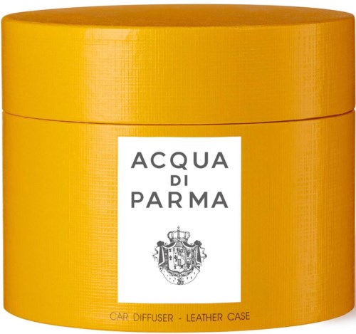 Yellow leather case with a white label reading "ACQUA DI PARMA" and a crest. Used for car diffuser.