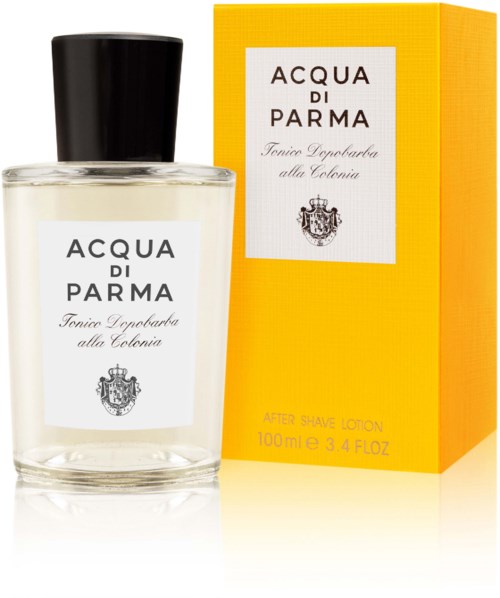 A bottle of Acqua di Parma aftershave lotion next to its yellow box.