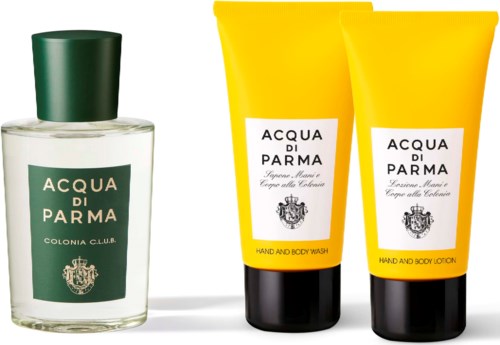 En flaske cologne og to gule rør med hånd- og kroppsvask og lotion fra Acqua di Parma.