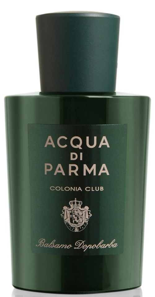 Grön parfymflaska med silvertext som lyder 'Acqua di Parma Colonia Club' och en emblemlogotyp.