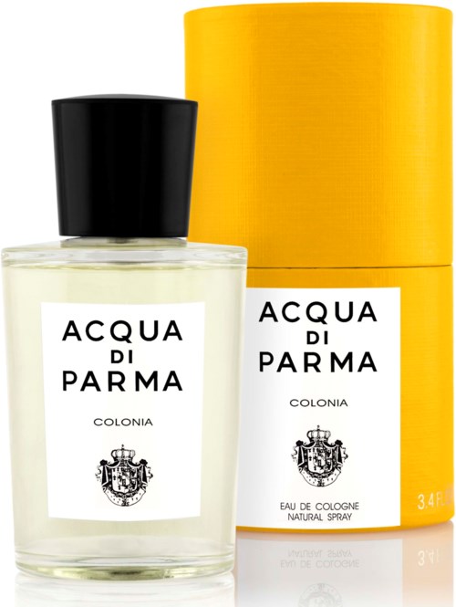 Tuoksupullo, jossa musta korkki ja pitkä keltainen laatikko, molemmissa 'Acqua di Parma' -merkintä ja vaakuna.