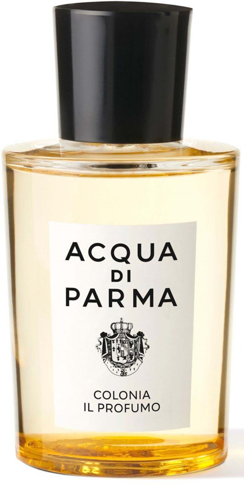 Hajuvesipullo, jossa musta korkki, kirkas runko ja etiketti, jossa lukee 'Acqua di Parma' ja 'Colonia Il Profumo.'