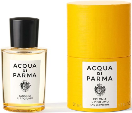 Hajuvesipullo ja keltainen rasia, jossa lukee 'Acqua di Parma' ja siinä on tunnus ja musta korkki.