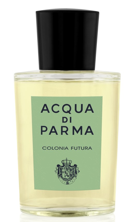En parfymflaska märkt 'Acqua di Parma Colonia Futura' med svart lock och ljusfärgad vätska.