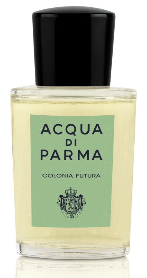 En parfymflaska märkt 'Acqua di Parma Colonia Futura' med svart lock och ljusgrön etikett.