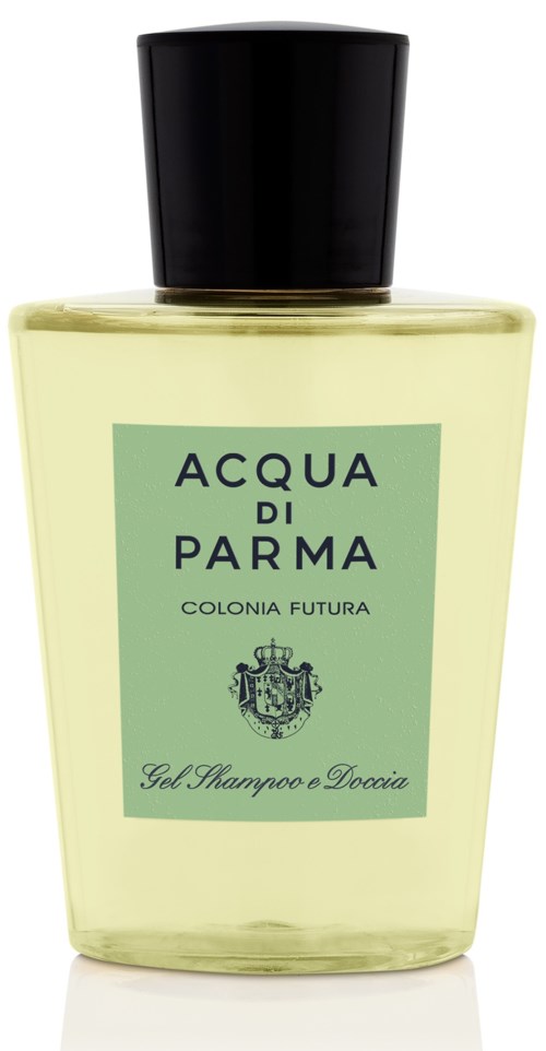 En tydlig flaska med svart lock, märkt 'Acqua di Parma Colonia Futura', för schampo eller duschgel.