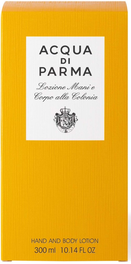 Keltainen pullo, jossa valkoinen etiketti ja mustaa tekstiä, kertoo, että kyseessä on käsien ja vartalon voide Acqua di Parma -tuotemerkiltä.