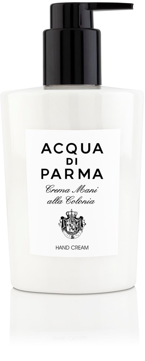 En vit flaska med svart pump, märkt 'Acqua di Parma', innehållande handkräm.