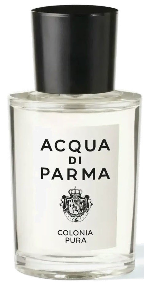 Läpinäkyvä hajuvesipullo mustalla korkilla, labeled Acqua di Parma Colonia Pura, ja etupuolella vaakuna logo.