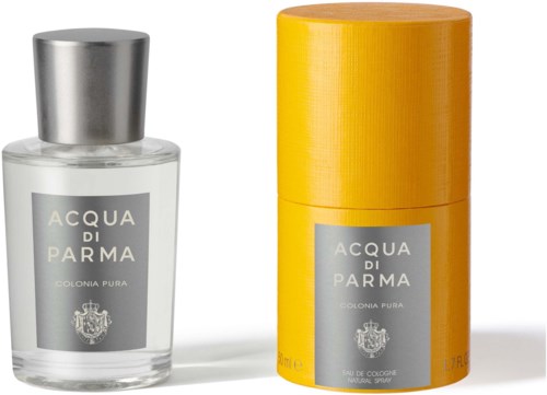 En tydlig parfymflaska i glas och en gul sprayburk märkt 'Acqua di Parma' visas.