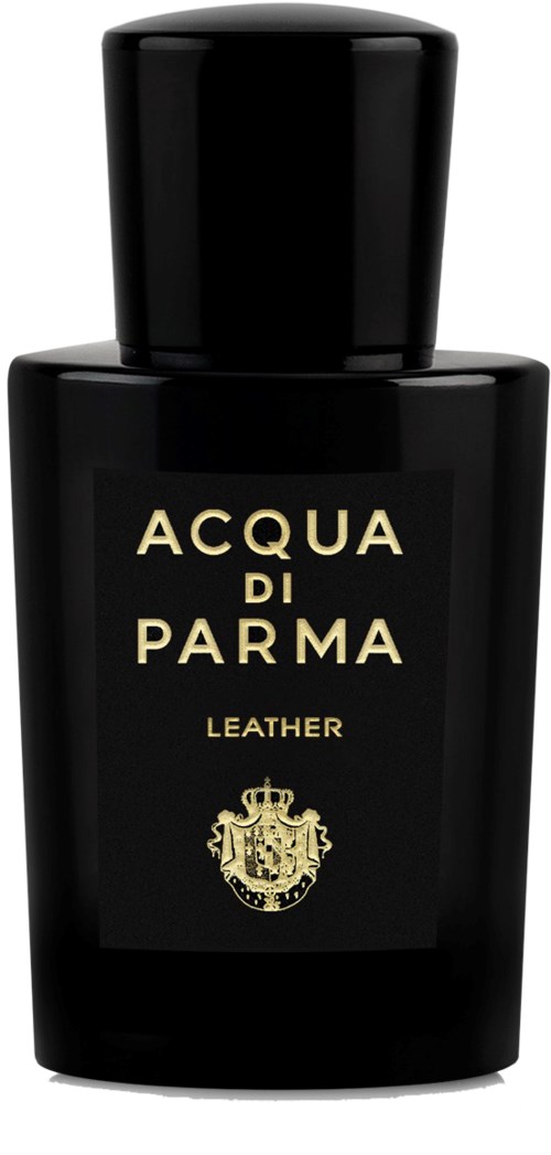 Eine schwarze Parfümflasche mit goldener Schrift und Wappen, beschriftet "Acqua di Parma Leather."