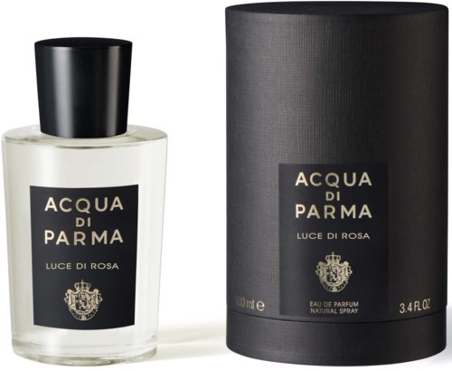 Parfyyttipullo ja laatikko, molemmissa lukee 'Acqua di Parma Luce di Rosa', mustavalkoinen muotoilu.
