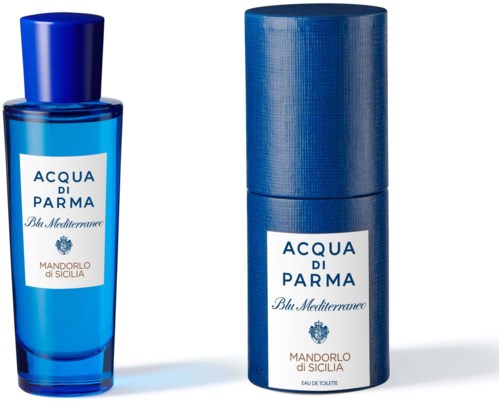 To blå flasker af Acqua di Parma duft, en er spray og den anden er en cylindrisk beholder.
